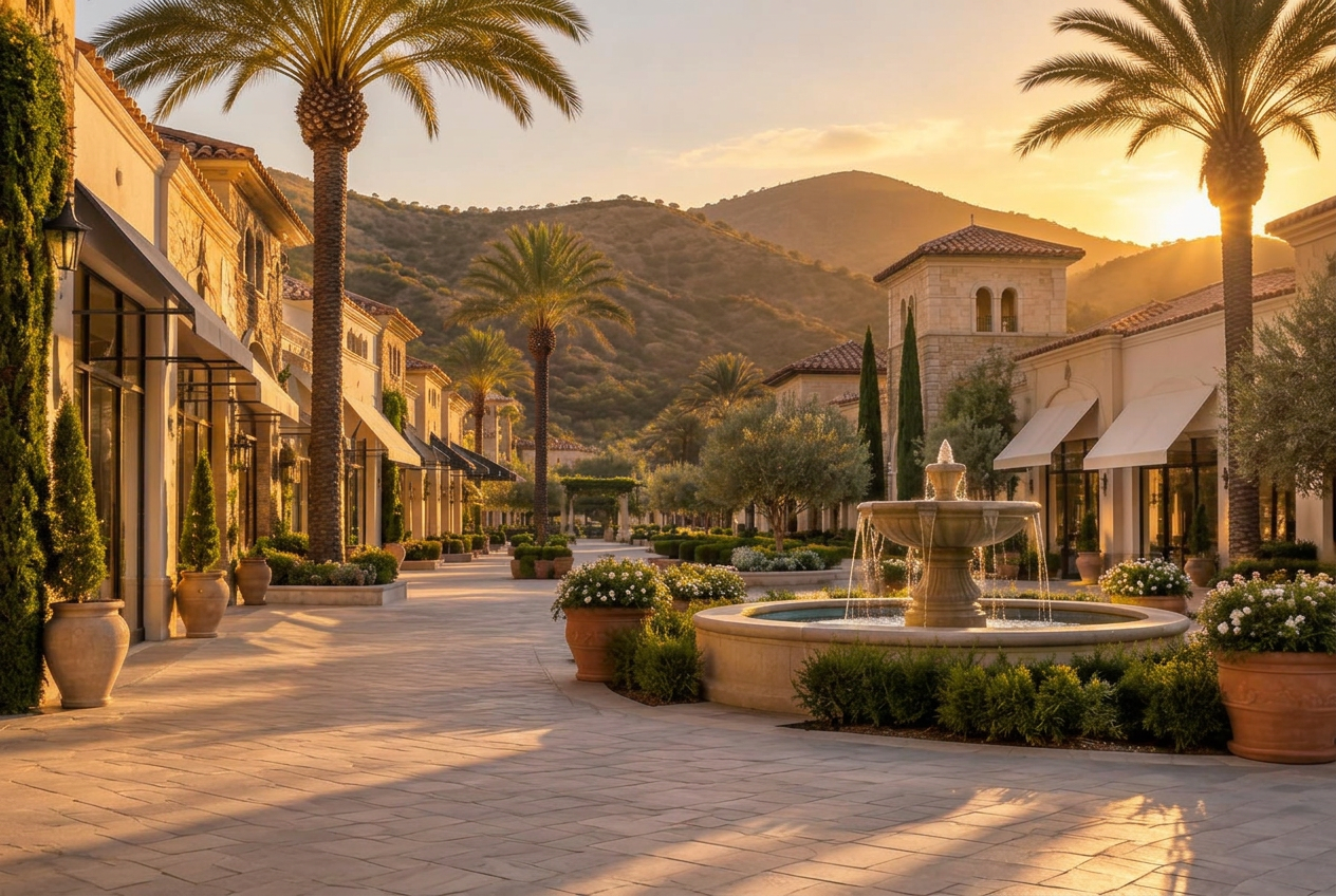 Open-air Calabasas shopping village with palm trees and a stone fountain at golden hour
