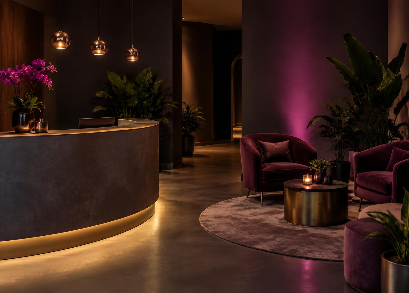 Calm studio reception with a curved desk, velvet chairs and soft magenta light