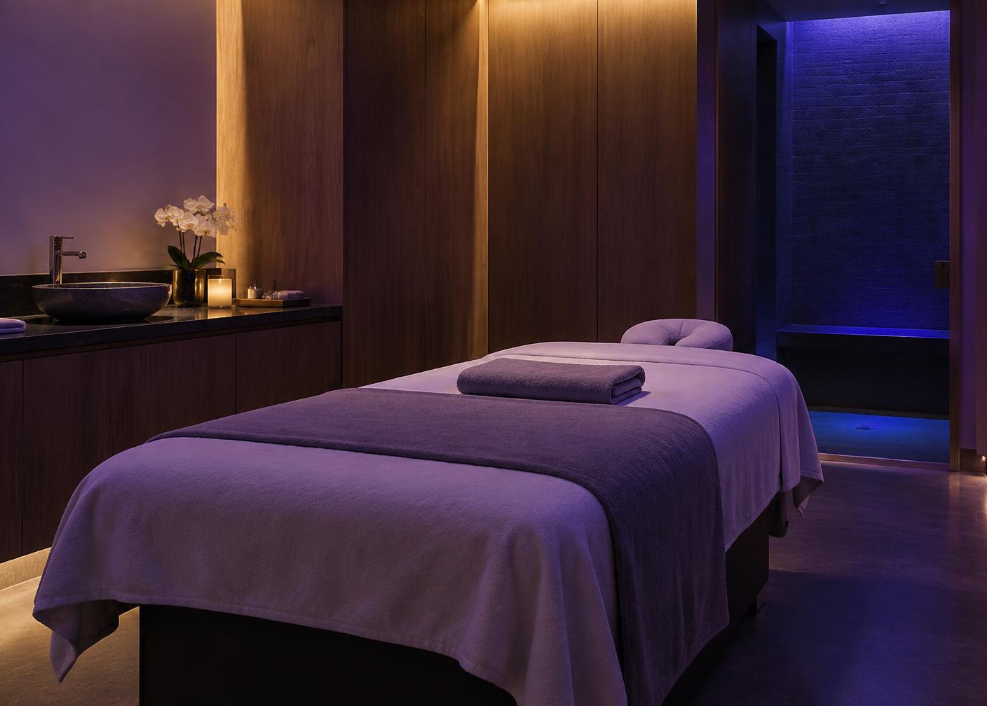 Calm recovery treatment room with a massage table under soft violet light
